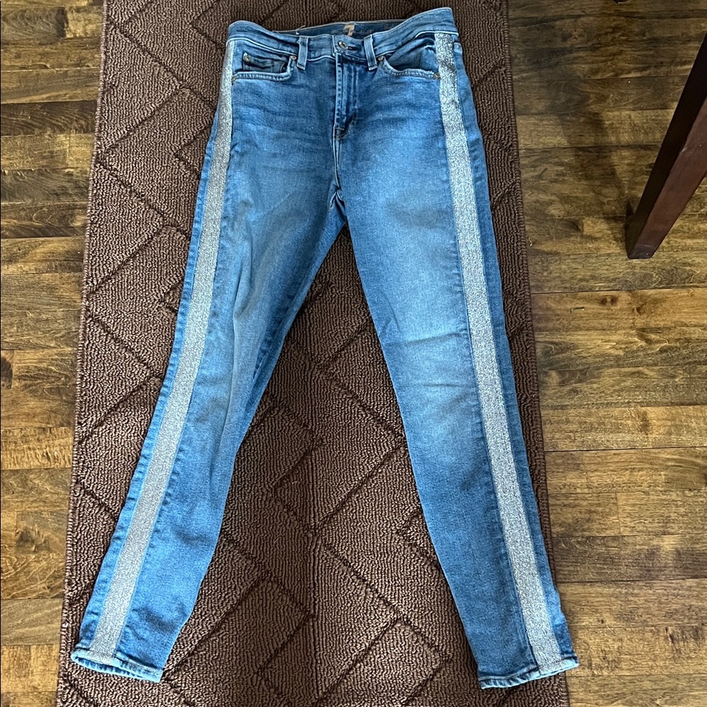 7 For All Mankind Blue Jeans with silver shimmer Side Stripes